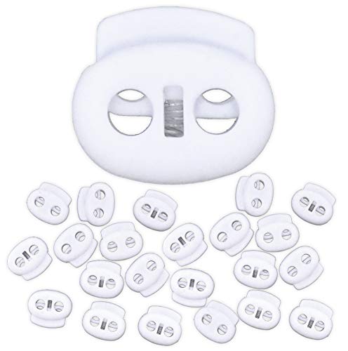 Mandala Crafts White Spring Cord Locks Oval Toggles for Drawstrings | 20 PCs, Waterproof, Plastic Stoppers, Two Hole Clamps, Clips Locking Ends for Paracord Shoelace Face Masks Round Flat Cord - color: White, size: Oval Elliptical Two Holes 0.85 Inch