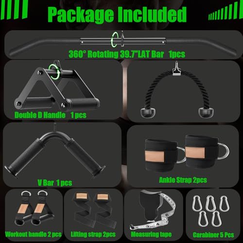 Cable Machine Attachment Set LAT Pulldown Attachments,Cable Machine Accessories for Home Gym Weight Workout Include LAT Pulldown Bar,Double D Bar, Tricep Rope,V Bar - color: Black-7 pcs