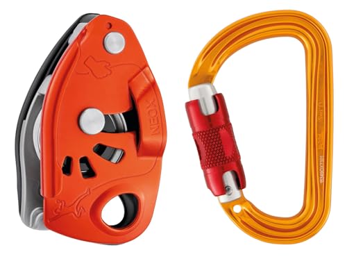 PETZL NEOX Rock Climbing Belay Device | With Cam-Assisted Blocking - color: Orange + Sm'D TWIST-LOCK