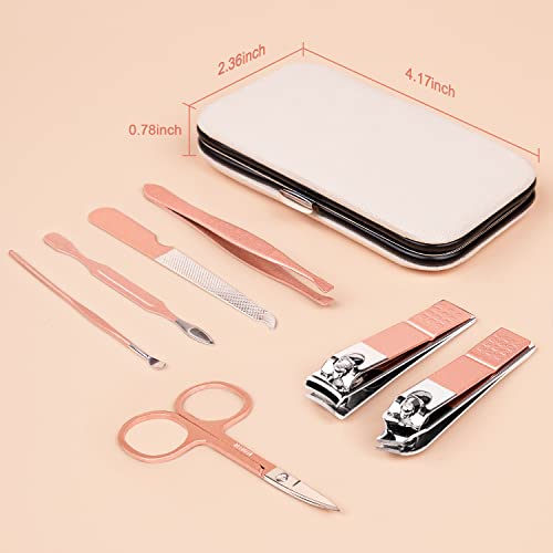 Manicure Pedicure Set Stainless Steel Nail Clippers Personal Nail Clipping Tools Portable Travel Grooming Kit with Snap-shut Case, Rose Gold