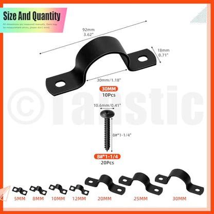 Tanstic 10Pcs Black Two Hole Pipe Strap, 1-1/4” Two Hole Strap U Bracket Rigid Pipe Strap Pipe Strap Clamp with Phillips Modified Truss Head Wood Screws for Fixing Pipe, Conduit, U Bracket - size: 1-1/4"
