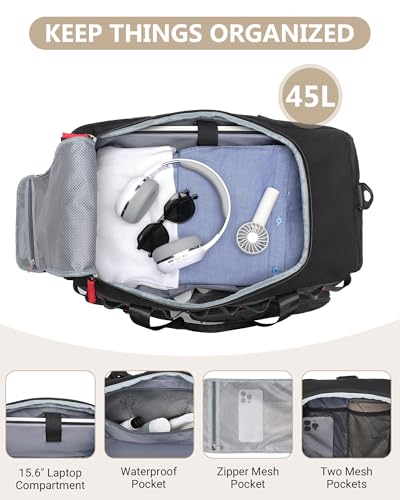 MCBD Gym Bags for Men & Women, 45L Travel Duffle Sports Backpack with Shoes & Laptop Compartment, Large Workout Carry On Bag Weekender Overnight Tote, Black - color: Black