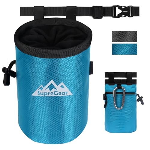 supregear Chalk Bag for Rock Climbing, Large Zipper Pocket with Brush Holder, Drawstring Closure, and Carabiner Clip, Ideal for Bouldering, Weightlifting, Gym - color: Blue