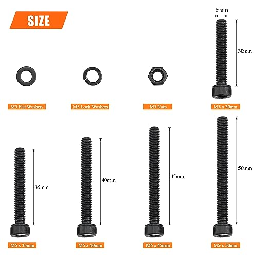 HELIFOUNER 240 Pieces M5 x 30mm /35mm /40mm /45mm /50mm, Hex Socket Head Cap Metric Screws Bolts Washers Nuts Kit, 12.9 Grade Alloy Steel, Fully Threaded, Black - size: M5 x 30/35/40/45/50mm, style: Socket Head