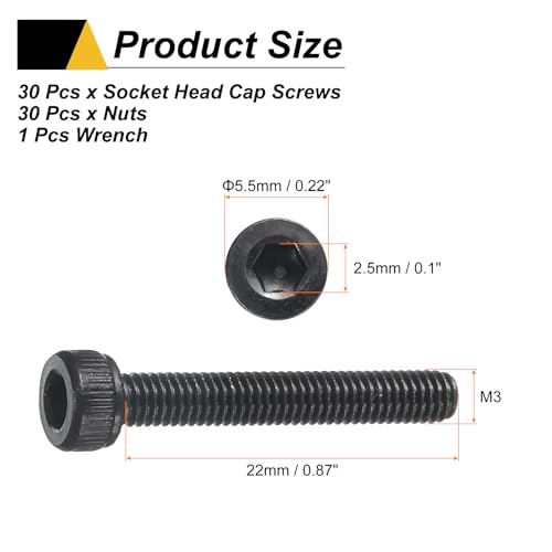 uxcell 30Pcs Hex Socket Head Cap Screws Bolts, M3x22mm 304 Stainless Steel Socket Drive Machine Screws Bolts with Nuts, Full Threaded, Black - size: M3x22mm