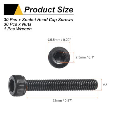 uxcell 30Pcs Hex Socket Head Cap Screws Bolts, M3x22mm 304 Stainless Steel Socket Drive Machine Screws Bolts with Nuts, Full Threaded, Black - size: M3x22mm