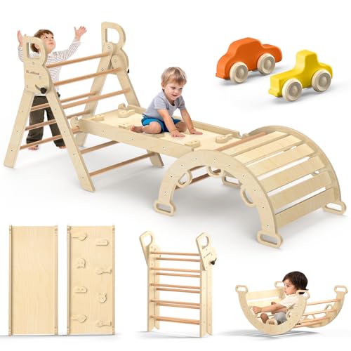 Pikler Triangle Set with Safe Handle, Climbing Toys for 1-3 Year | Foldable 7-in-1 Montessori Toddler Climbing Toys Indoor, Wooden Pickler Climbing Set, Baby Jungle Gym & Playground, Natural - color: Natural Wood