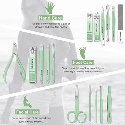 16 pcs Stainless Steel Nail Care Tools Grooming Kit with Luxurious Travel Leather Case for Thick Nails Men Women Gift,Manicure Set Professional NailClippers Pedicure Kit,Sharp Nail Scissor(Green)
