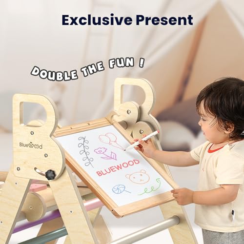 BlueWood Pikler Triangle Set, Foldable Wooden Toddler Climbing Toys Indoor Playground Jungle Gym Montessori Philosophy Climber for 2-6 Years Old, Baby, Kids (Mauve Pink, with Cushion) - color: Mauve Pink