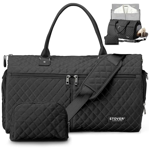 STOVER Women’s Convertible Garment Duffel Bag for Travel – 2-in-1 Carry-On Weekender/Overnight Tote - Wrinkle-Free Dresses, Suits & Clothes + Shoe Compartment & Bonus Toiletry Bag (Onyx Black) - color: Onyx Black