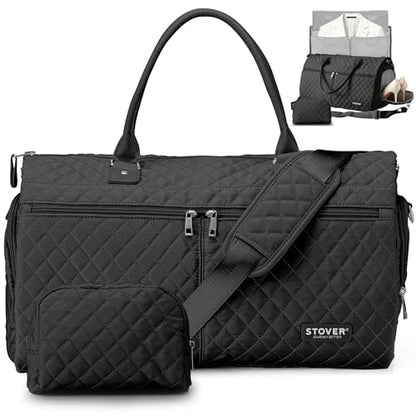 STOVER Women’s Convertible Garment Duffel Bag for Travel – 2-in-1 Carry-On Weekender/Overnight Tote - Wrinkle-Free Dresses, Suits & Clothes + Shoe Compartment & Bonus Toiletry Bag (Onyx Black) - color: Onyx Black