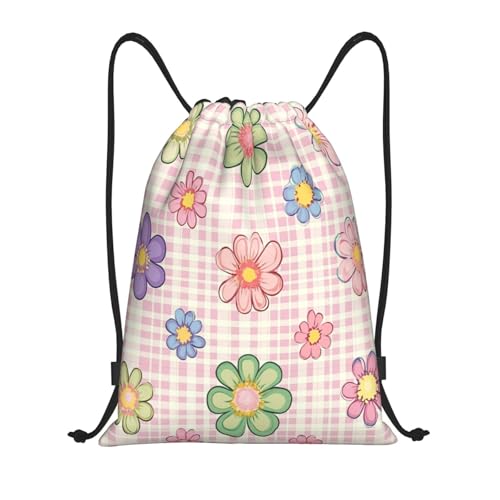 Drawstring Sports Backpacks - Lightweight Swim Gym Bags for Women Men String Sackpack for Beach Travel Yoga(Small, Cute Flowers Checkered) - color: Cute Flowers Checkered, size: Small