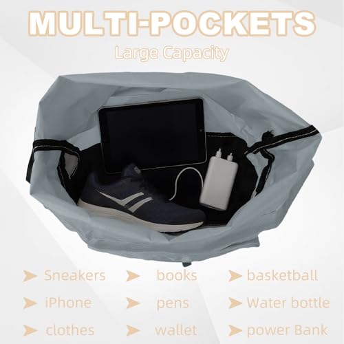 Tygelluis Drawstring Backpack, Waterproof Gym Bag with Water Bottle Pocket for Women Men, Pull String Sport Bag for Swim, Soccer and Basketball, Light Gray - color: Light Gray1