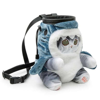 Cat Rock Climbing Chalk Bag, Fun Plush Animal Chalk Pouch with Drawstring, Adjustable Waist Belt for Indoor Outdoor Bouldering Sport Climbing - style: Large Grey Shark Cat