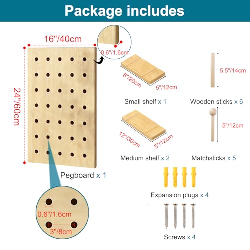 HJZALMI Pegboard Wall Organizer, Wood Pegboard Combination Kit with Shelves & Hooks, Modular Peg Board Panels Storage System for Office Organization Kitchen Bedroom, 15.7"x23.6"x0.6", Beige | Pegboard Combination Kit with Shelves & Hooks, Modular PegBoard