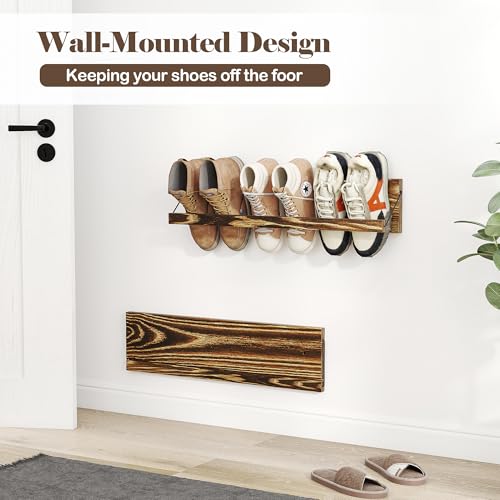Nisorpa 2 Pcs Wall Mounted Shoe Rack Rustic Burnt Wood, Wall Hanging Shoe Rack Mounted, Shoes Storage Organizer Footwear Holder for Entryways Closet Mudroom Hallways, 30 Inch, Holds 3 Pairs - size: 30 inch