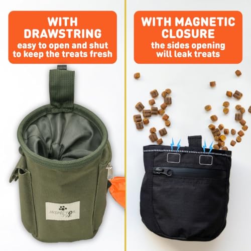 INSPECTOR TAIL Dog Treat Pouch for Training, Drawstring Bag, Hands Free | 2 Cup Tote, 4 Ways to Wear, No Bounce, Pull-Out Liner, Pockets for Snacks, Poop Bags & Keys, Pet Walking & Rewarding Holder