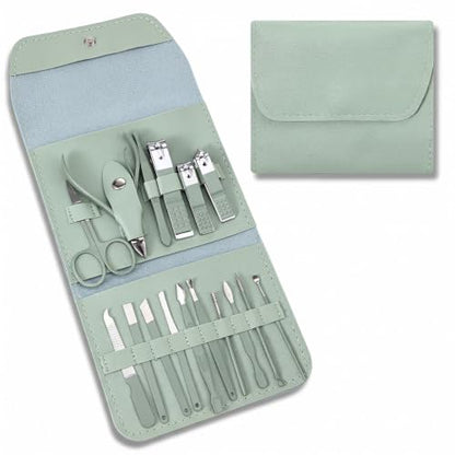 Travel Manicure Set, Mini Nail Clipper Set of 16, Fingernail Set for Men Women with Leather Case, Grooming Kit with Nail Care Tools Beauty Scissors Tweezers (Jade Green)