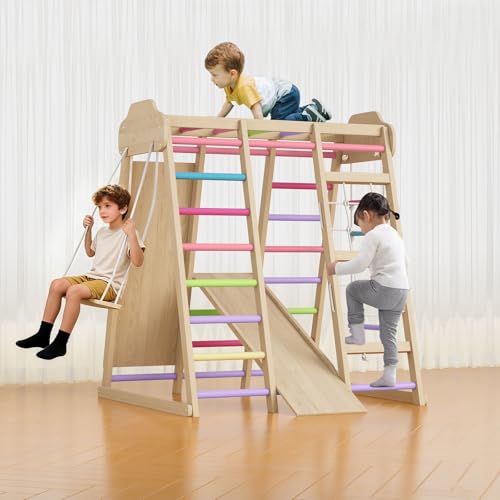9 in 1 Indoor Playground for Kids, Montessori Wooden Toddler Jungle Gym Indoor with Slide, Swing, Rope Ladder, Climbing Net, Rock Wall and DIY Name Stickers, Playground Playset for Boys and Girls