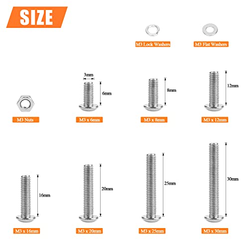 HELIFOUNER 540 Pieces M3 x 6mm /8mm /12mm /16mm /20mm /25mm /30mm, Button Head Socket Cap Screws Bolts Washers Nuts Kit, 304 Stainless Steel - size: M3, style: Button Head Screws
