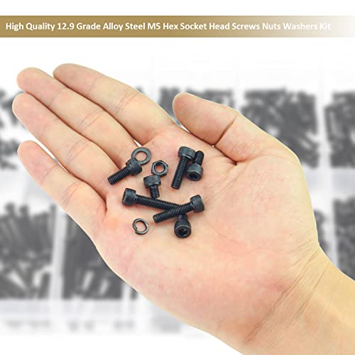 242 Pieces Black M5 x 6/8 /10/12 /16/20 /25mm Hex Socket Head Cap Screws Nuts Washers Assortment Kit, 12.9 Grade Alloy Steel - size: M5, style: Socket Head