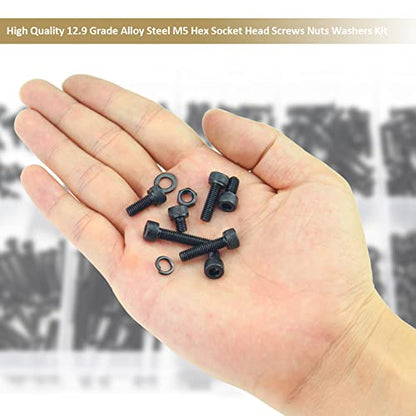 242 Pieces Black M5 x 6/8 /10/12 /16/20 /25mm Hex Socket Head Cap Screws Nuts Washers Assortment Kit, 12.9 Grade Alloy Steel - size: M5, style: Socket Head