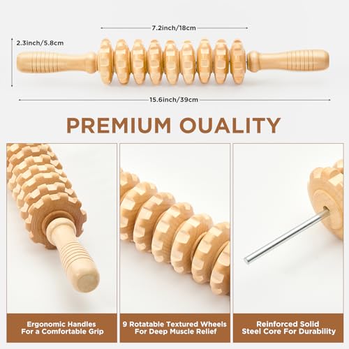 Wooden Cellulite Muscle Roller for Legs and Thighs - Handheld Fascia Blaster Tool for Muscle Relief, Lymphatic Drainage & Body Sculpting - Anti Cellulite Massager for Women and Men (9 Wheel) - color: White 9 Wheel