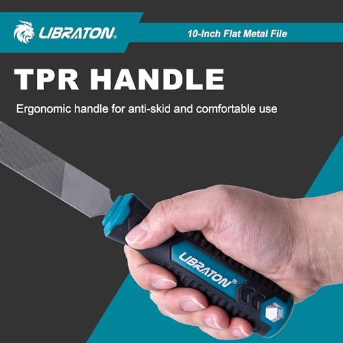 LIBRATON 10-Inch Flat Metal File, Metal File Tool, High Carbon Steel File | with Ergonomic Handle, Hand File for Metal, Metalworking, Wood, Plastic, Flat File for Refining, Shaping and Scraping