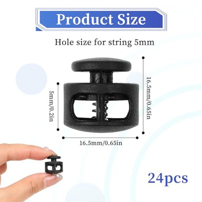 Giantree 24 Pack Spring Cord Lock, Double Hole Drawstring Stopper Fastener, Black Plastic Spring Cord Locks, for Drawstring Sweatpants Hat Hoodie String Clip Elastic Shoelace Lock Swim Goggles (24)
