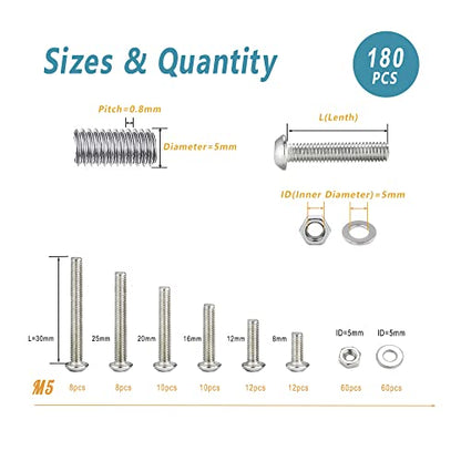 Kadrick 304 Stainless Steel Screws,180 Pcs Button Head M5 Metric Screw Assortment,M5x8mm,12mm,16mm,20mm,25mm,30mm Hex Socket Bolts Nuts Washers Kit with 1 Hex Allen Wrench - size: SS M5 180Pcs 10-30mm