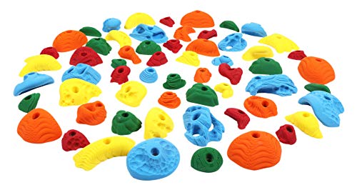 Atomik Rock Climbing Holds Set of 60 Bolt-On Rock-Like Crimpers, Edges, Jugs, Pockets and Footholds in Assorted Bright Tones