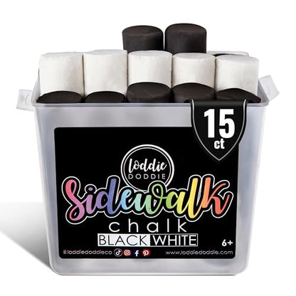Loddie Doddie Jumbo Chalk Bucket, Sidewalk Chalk, Washable, B&W, 15 Pack | Sidewalk Chalk Bulk, Easy Grip Tapered Sticks, Washable for Easy Cleanup, Sidewalk Chalk for Kids, Outdoor Kids Activities - color: 10 Black. 5 White