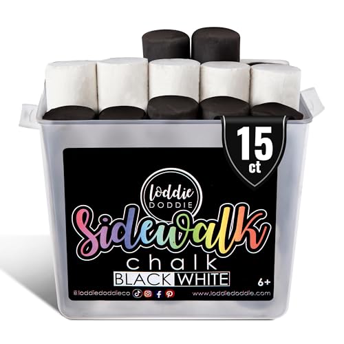 Loddie Doddie Jumbo Chalk Bucket, Sidewalk Chalk, Washable, B&W, 15 Pack | Sidewalk Chalk Bulk, Easy Grip Tapered Sticks, Washable for Easy Cleanup, Sidewalk Chalk for Kids, Outdoor Kids Activities - color: 10 Black. 5 White