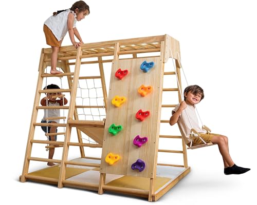 Avenlur Magnolia 7-in-1 Indoor Jungle Gym for Kids, Large, Natural | Wooden Montessori play gym, indoor playground ages 2-6, FSC pine, slide, swing, monkey bars, rock wall, 57.3 x 47.9 x 56.2 in - color: Natural, size: Large (57.3" x 47.9" x 56.2")