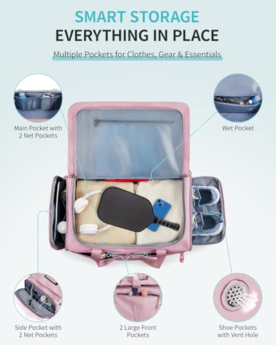 ECOHUB 40L Gym Bag for Women Men Water Resistant Sports Duffle Bag with Shoe Compartment & Wet Pocket, Travel Weekender Camping Backpack - color: Pink