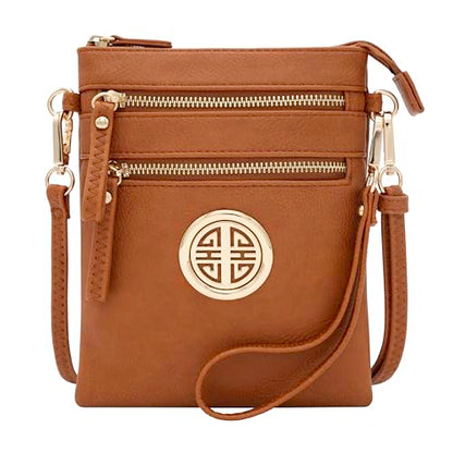 Solene Small Multi Zipper Pockets Crossbody Bag with Detachable Wristlet - color: Tan