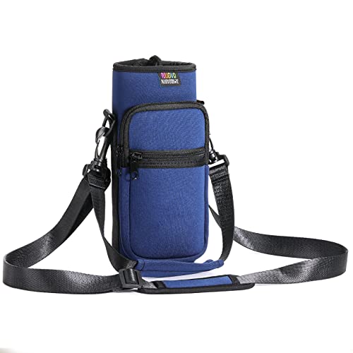 Nuovoware Water Bottle Carrier Bag, 25oz/32oz Bottle Pouch Holder, Adjustable Shoulder Hand Strap 2 Pocket Sling Neoprene Sleeve Sports Accessories for Hiking Travelling Camping, Navy blue - color: Navy Blue, size: 25-32 Ounces - Standard