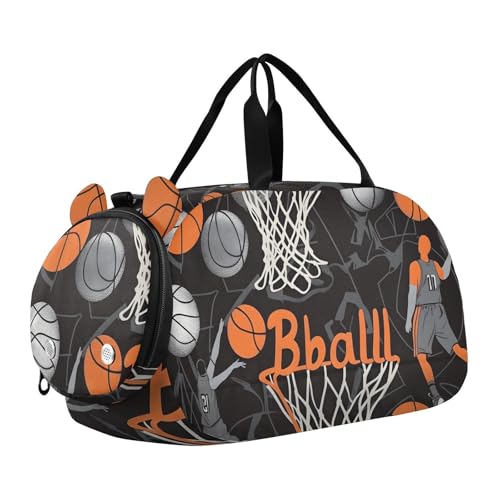 Kids Sports Duffel Bag for Boys & Girls - Basketball Players Balls 100% Polyester Gym Bag with Separate Shoe Compartment, Adjustable Shoulder Strap, Compact Travel & Workout Gear Bag - color: Basketball Players Balls