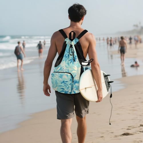 GuoChe Drawstring Backpacks Gym Swim Bag With Inside Pockets Pull String Bag Waterproof Climbing Pale Turquoise Leafs - color: Climbing Pale Turquoise Leafs