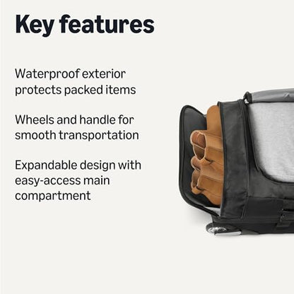 Amazon Essentials Wheeled Rolling Duffel Bag, 30-Inch (76.2 cm) Checked-Size, Expandable, Shoe Compartment, Telescoping Handle, Black - size: 30 inches