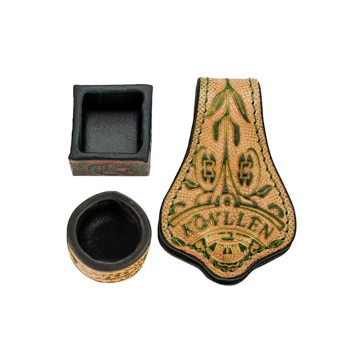 KONLLEN Leather Magnetic Chalk Holder, Pool Cue Accessory | Round or square engraved leather holder keeps billiard chalk secure and easy to reach during pool play. - color: VT Round Holder-Green