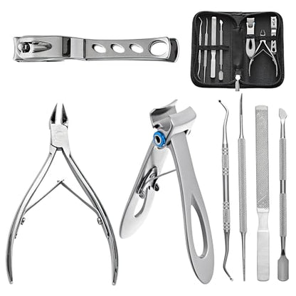 Ingrown Toenail Clippers for Seniors Thick Toenails, 7 Pcs Heavy Duty Large Pedicure Toe Nail Clipper Set with Wide Opening, Includes Nail Cutter, File, Lifter, Cuticle Pusher, Travel Case - color: 7 Pcs Set (360° Clippers + Cuticle Clipper)