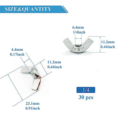 30 PCS 1/4-20 Inch Wingnuts, Quality Carbon Steel Wing Nuts Zinc Plated Fasteners Parts Butterfly Nut, Hand Twist Tighten Hardware Nuts Butterfly Wing-Nut 1/4-20” Assorted Kit - size: 1/4"-20 - Carbon Steel - 30 Pcs