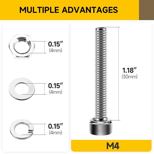 Mywish (100Sets) M4 Screw Kit, M4 x 30mm Socket Head Cap Screws Bolts, 304 Stainless Steel Allen Socket Hex Drive M4 Bolts, Bright Finish m4 Screws with Nuts and Washers & Hex Spanner - size: M4 x 30mm