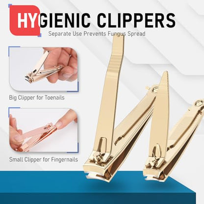 firiKer Nail Clipper Set, Sturdy Stainless Steel Fingernails & Toenails Clippers & Nail File, Sharp Effortless Fingernail Toenail Trimmer, Portable Nail Cutter for Women Men（Golden） - color: Light Gold