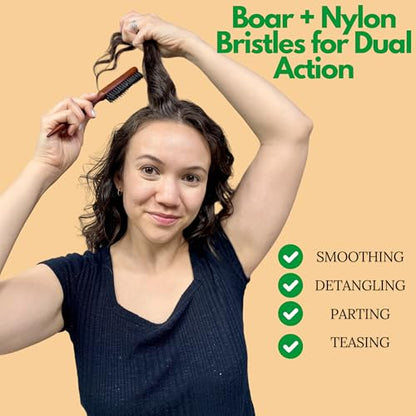 GranNaturals Boar & Nylon Bristle Styling Brush - Teasing Comb with Rat Tail Pick for Backcombing, Smoothing, Edge Control and Volume Creation