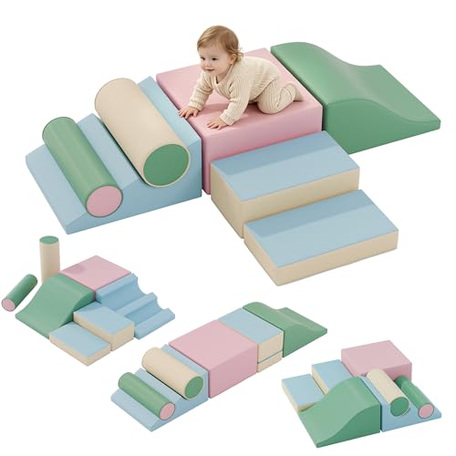 Soft Climbing Toys for Toddlers, 7-Piece Foam Climbing Blocks with PU Leather Cover, Modular Climb and Crawl Activity Play Set for Indoor Playroom (Pink)