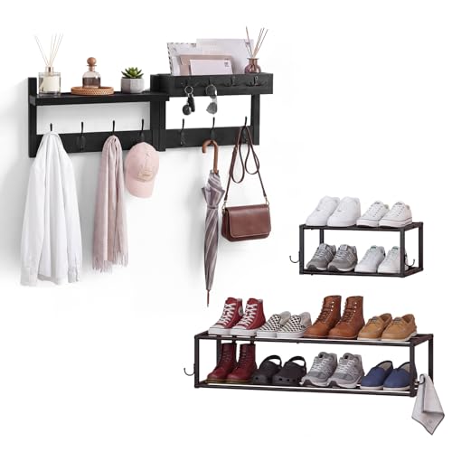 4 Pack Wall Coat Rack with Shoe Rack, 2-in-1 Coat and Shoe Rack Entryway | Adjustable Hanging Shoe Rack Holds 16 Pairs with Hooks, Wall Mounted Coat Rack Space Saving for Hallway Closet Bedroom, Black - size: shoe and coat rack