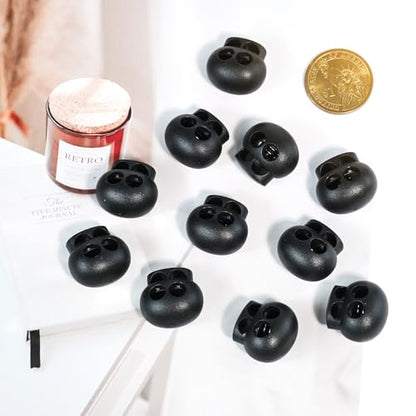 30 Pcs Black Plastic Spring Cord Lock Toggle Stopper, Double Hole Drawstring Cord Lock Fastener for Hoodies, Paracord, Shoelaces, Elastic Ropes and Bags