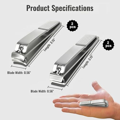 Large Nail Clippers Set for Thick Nails, Straight & Curved Edge | Heavy Duty Toenail Clippers,4 PCS Set Silver, Stainless Steel Fingernail & Toe Nail Clippers with File for Men Women Adults - color: Silver